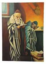תמונה של שמן על בד "תפילה בבית הכנסת" חתום.