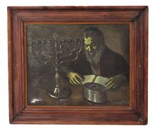 Picture of Shimon Kaplan (b. 1924), oil on canvas. Figure of a Jewish rabbi. Stamped.