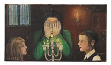 Picture of Reb Yaakov Weissberg. Oil on canvas. Lighting Shabbos candles. Stamped.