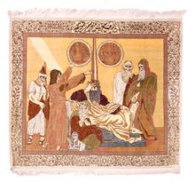תמונה של שטיח קום פרס משי עבודת יד. יוסף פותר את חלומות פרעה. המחצית השניה של המאה ה-20.