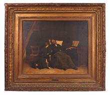 Picture of Oil painting on panel, “girl and old man next to a piano,” signed by the artist Jean Moreau, 19th century.