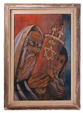 Picture of Eclectic artwork on paper, “an old Jew and boy and a Sefer Torah.” Signed by the artist, Sapir.