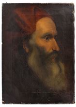 Picture of Portrait, a bearded man wearing a red hat. Oil on canvas. Italy? 18th century.