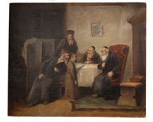 Picture of Talmidei Chachamim testing a boy – oil on canvas, signed.