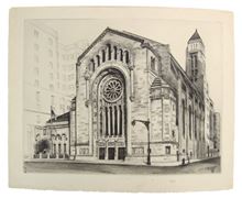 Picture of . Engraving of the first synagogue in Manhattan, New York, 1945, stamped by Elias Grossman